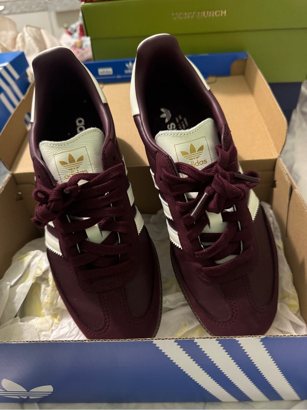 Adidas womens Burgundy Sneakers with White Stripes